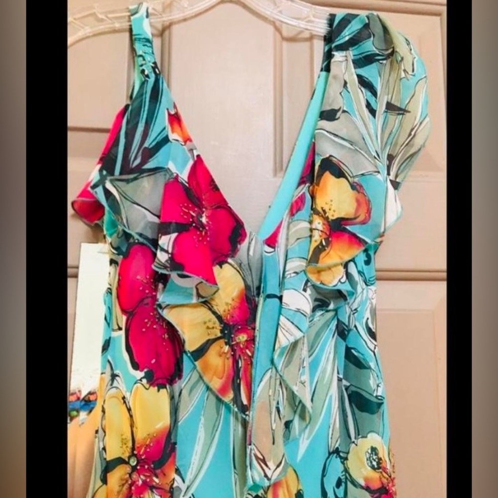 Y2K Turquoise Beaded Tropical Floral Ruffle Prom Dress Gown - Picture 5 of 7